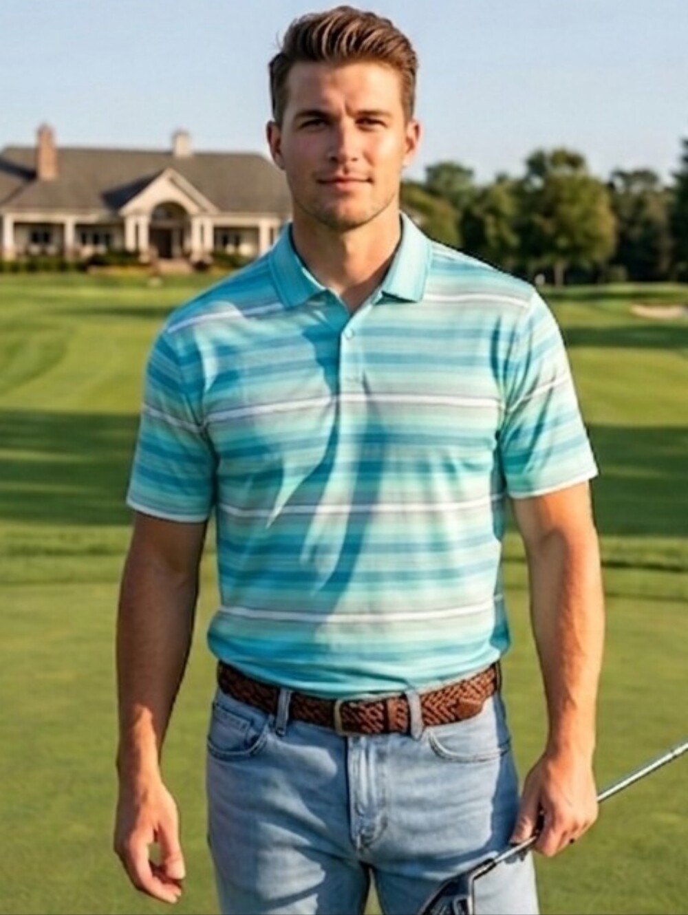 Nike Golf L Blue Striped Dri-Fit Polo Golf Shirt